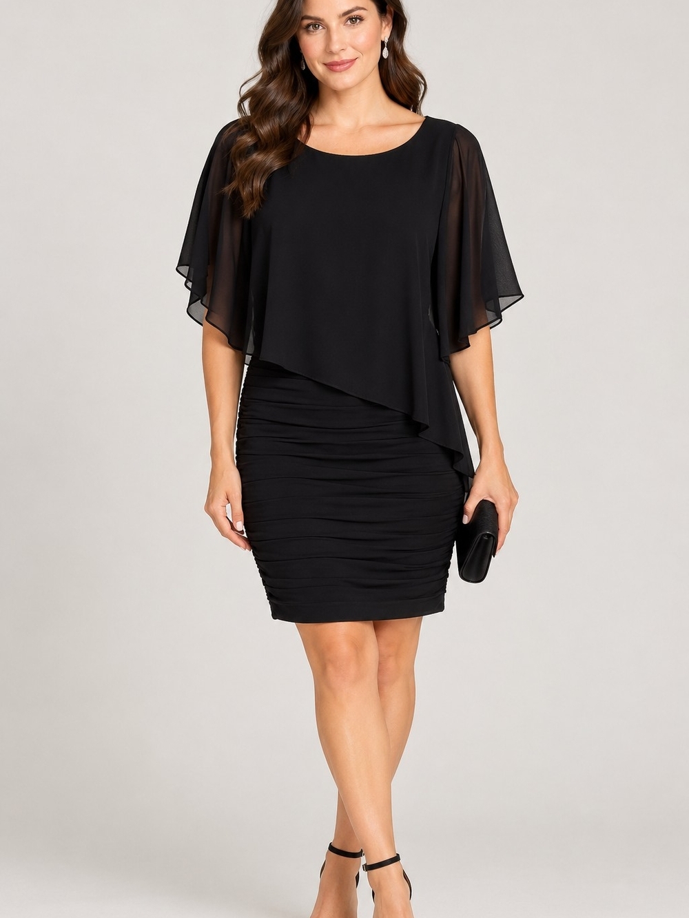 Adrianna Papell Black Cocktail Dress Size 10 Sheer Flutter Sleeve Ruched Bodycon
